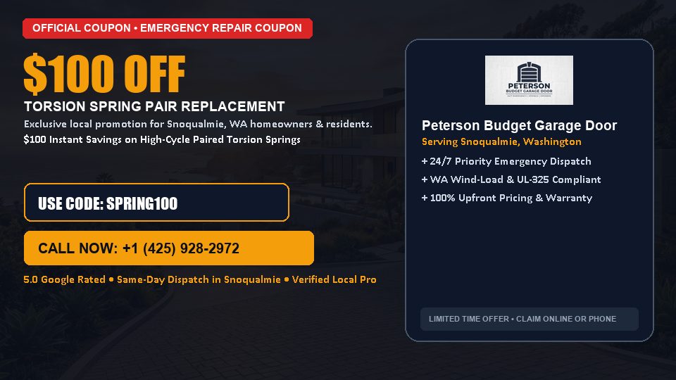 $100 OFF Dual High-Cycle Torsion Spring Replacement in Snoqualmie, WA - Peterson Budget Garage Door