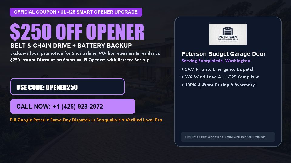 $250 OFF Smart Wi-Fi Garage Door Opener Installation in Snoqualmie, WA - Peterson Budget Garage Door